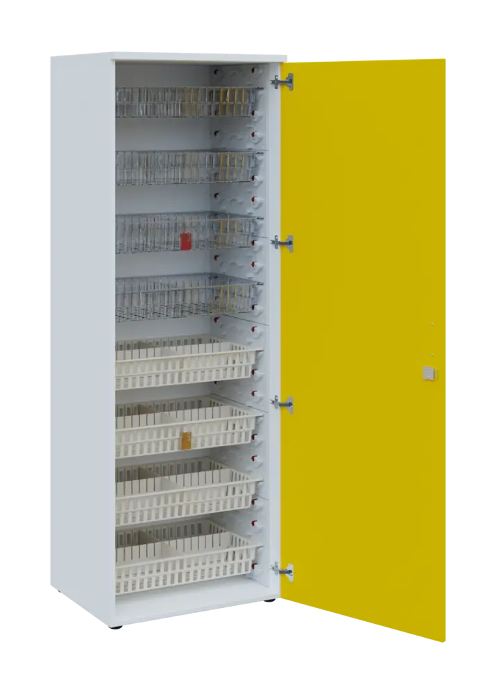 EUROMEDICA D - 66/M skříň léková boxová, 1-dveřová, pravá, 1950x660x535, korpus bílý, dvířka žlutá odio